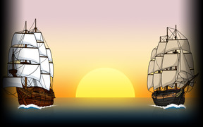Galleon engaging frigate on sunset